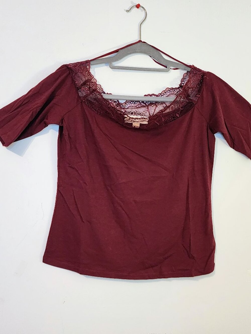NWT Michael Kors Dark Ruby Lace Neck Top , Size P/M, Burgundy, MSRP $ 74